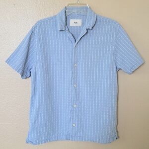 Folk Mens Blue Linen Blend Button Down Short Sleeve Shirt - Size Small